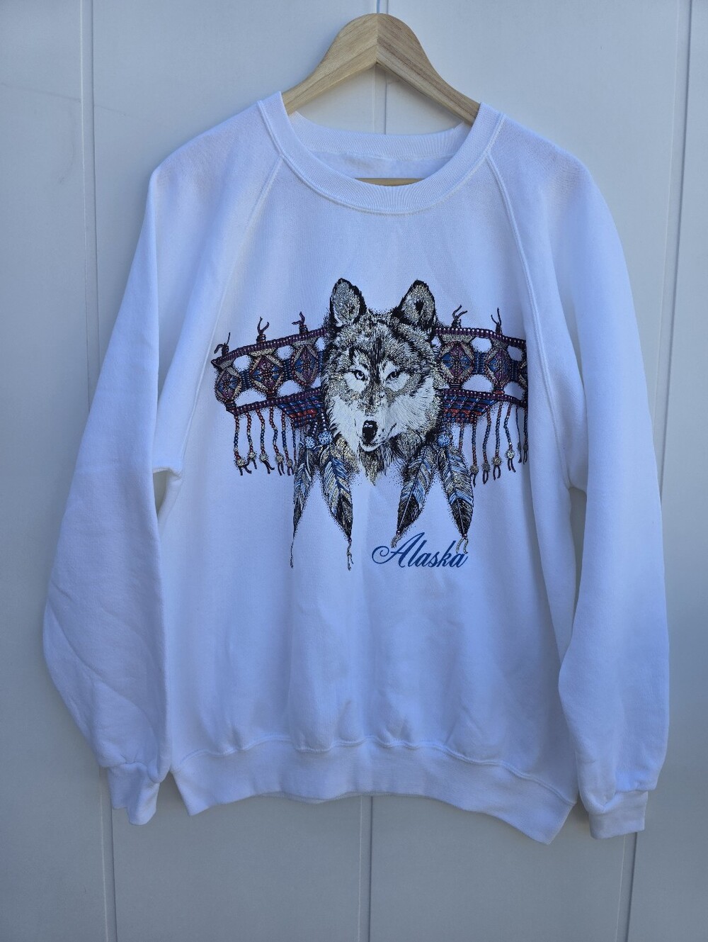 Vintage Alaska Wolf Tribal Glittery Crewneck White Sweater